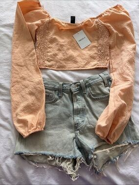 Forever 21 Peach Puff Long Sleeve Smocked Crop Top - Square Neck and shorts
